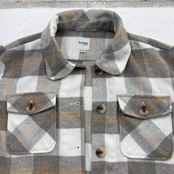 Kensie Plaid Fleece Shacket Jacket Pockets Gray Cream Cabincore Country Womens M - Picture 2 of 10